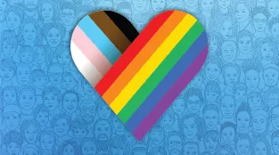Two pride flags are formed into the shape of a heart and superimposed over a graphic of many faces to represent Pride Month.